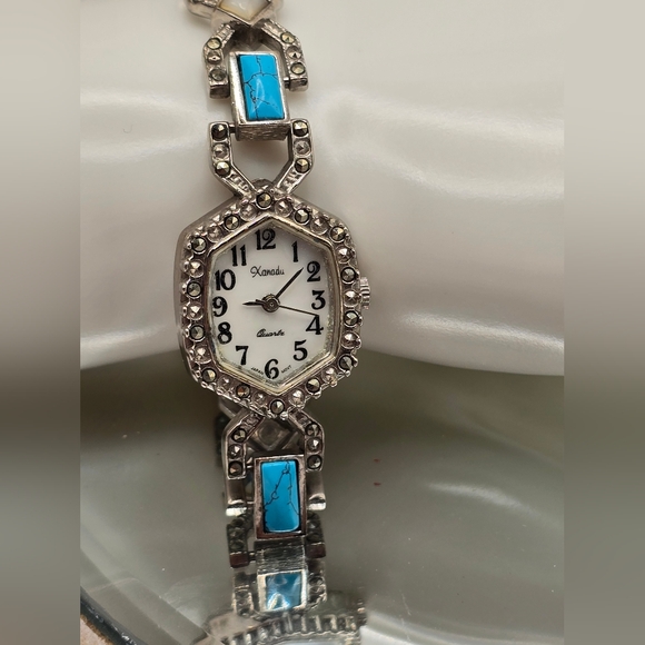 Xanadu Quartz Japan Movement Faux Turquoise & Marcasite Vintage Watch - Picture 4 of 13